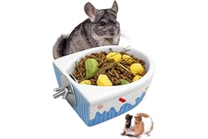 Niwaes Chinchilla Food Bowl Ceramic Guinea Pig Cage Feeder Hanging Bunny Food Dish Small Animal Feeding Bowls for Syrian Hamster Ferret Gerbils (Blue)