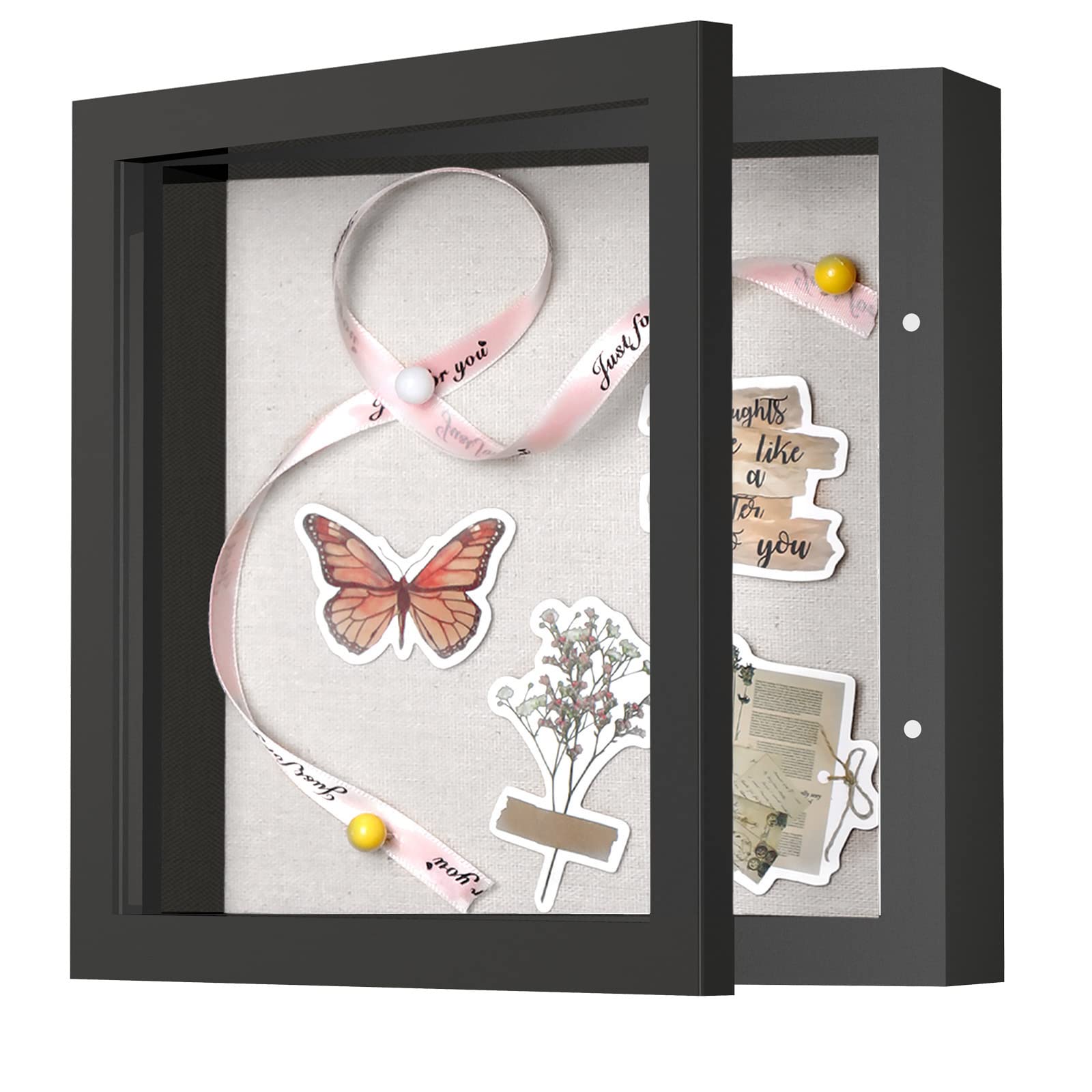 Photo 1 of 8x8 Shadow Box Frame with Linen Back - Sturdy Rustic Memory Display Case of Flower, Pictures, Medals and More, Black