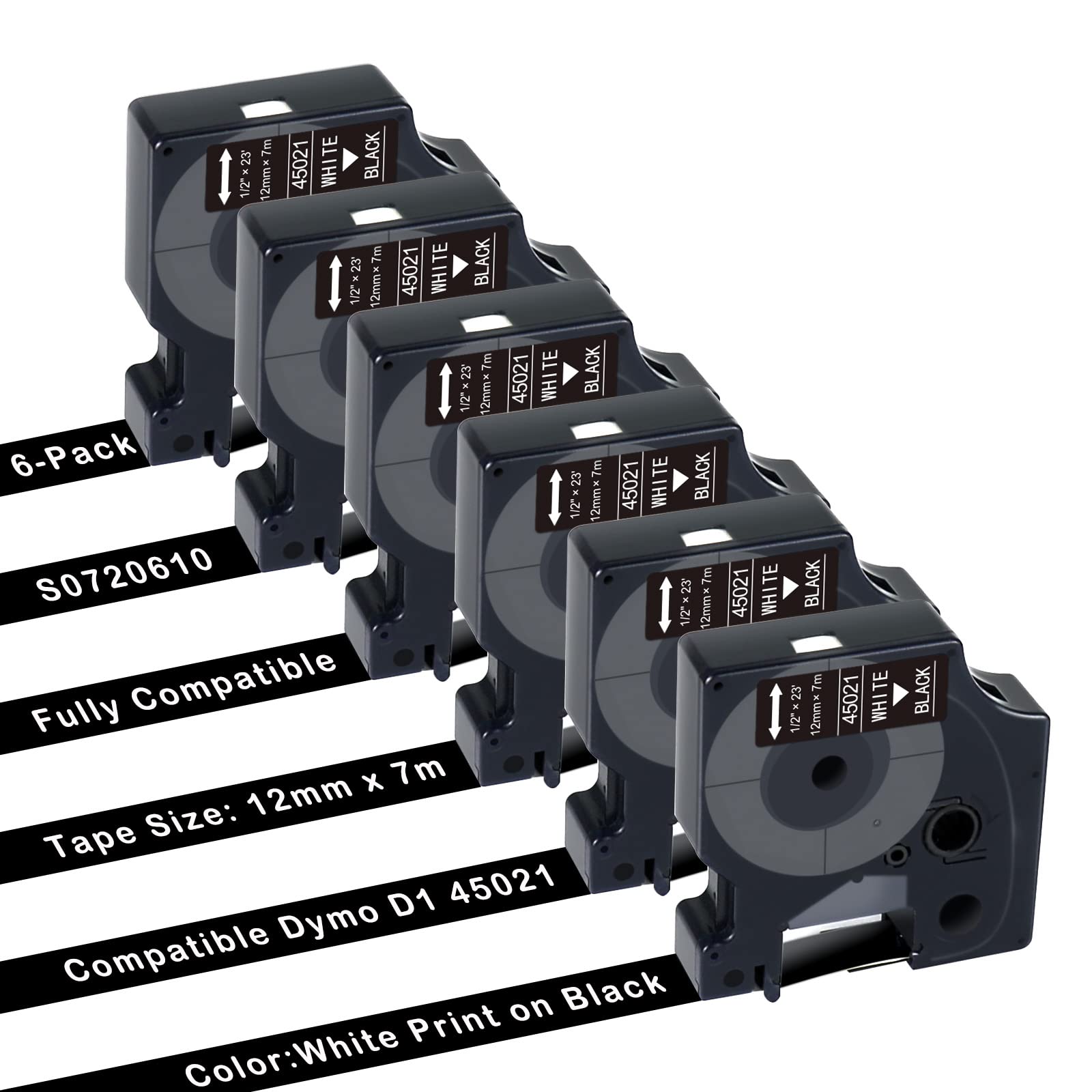 UNOKA 6X 45021 Compatible with DYMO D1 45021 a45021 White on Black Label Tape, 12mm x 7m Label Cassette, S0720610 Labeling Tape for Dynamo LabelManager 160 280 420P PnP 220P 360D 450 210D