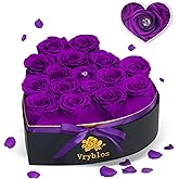 Vryblos 16 Pieces Forever Flower Heart Shape in a Box Preserved Purple Roses for Delivery Grade A Quality 100% Real Immortal Flowers Eternal Birthday for Her Mom Women Wife Girlfriends (Purple)