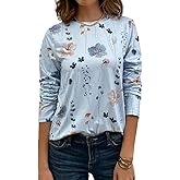 JUSTFASHIONNOW Womens Long Sleeve Tops Casual Shirts for Women Summer Flower Printed T Shirt Crewneck Floral Tee