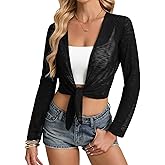 GRACE KARIN Sheer Shrugs for Women, Long Sleeve Mesh Cropped Cardigan, Spring Tie Front Bolero Sweater for Dresses