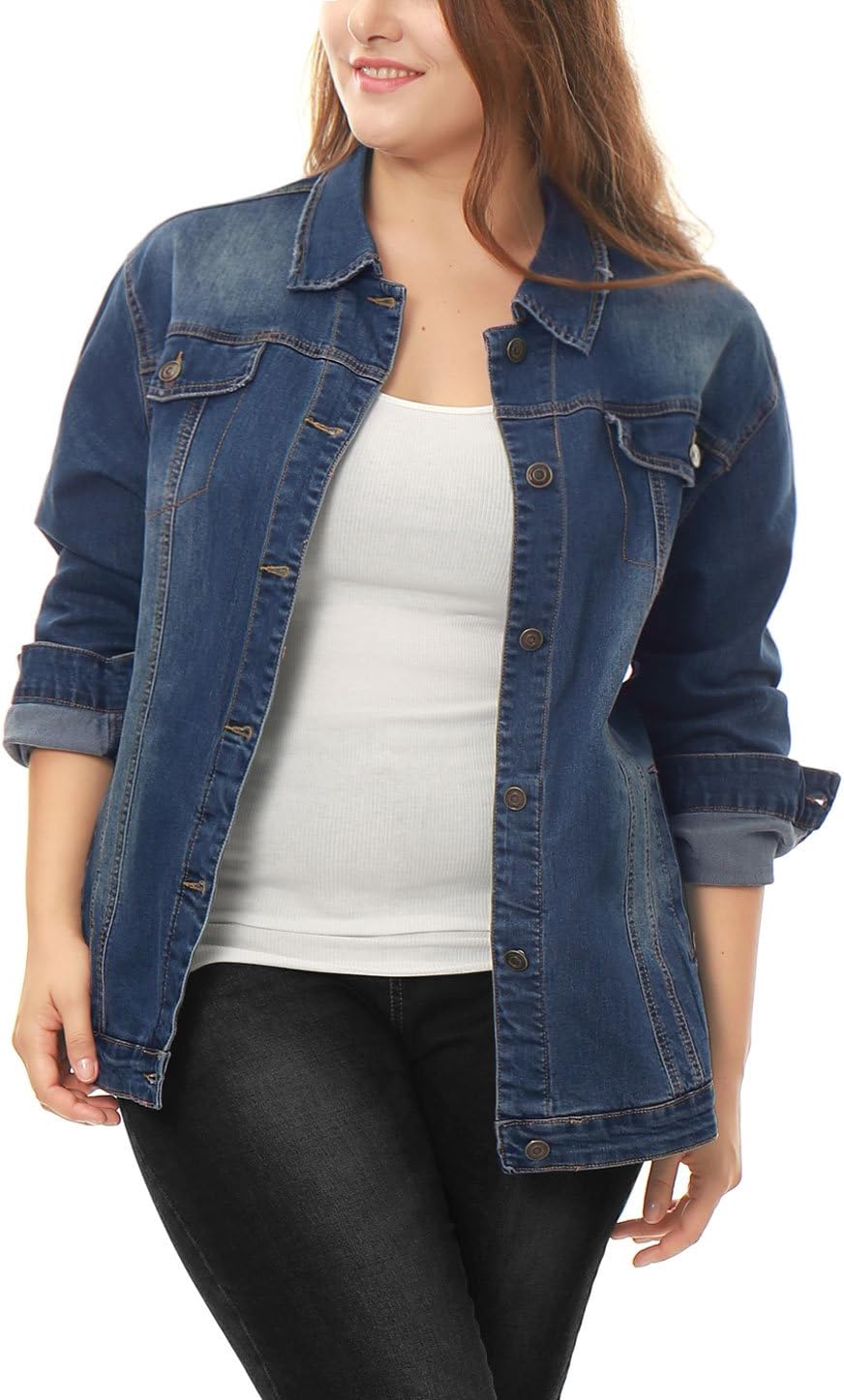 uxcell Women's Plus Size Button Down Washed Denim Jacket with Chest Flap Pocket