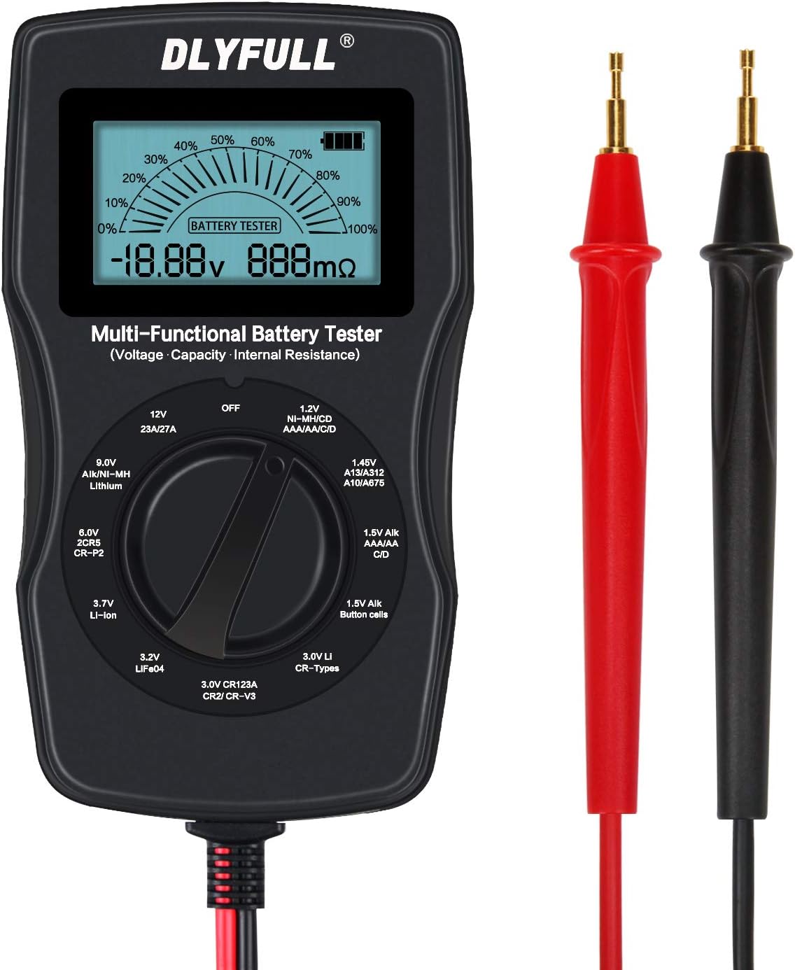 Universal Battery Checker Tester with Leads LCD Display, Battery Capacity Voltage Resistance Tester for AAA AA C D 9V Digital 12V 3.7V Li-ion 18650 CR123A CR2032 Button Cell Batteries More