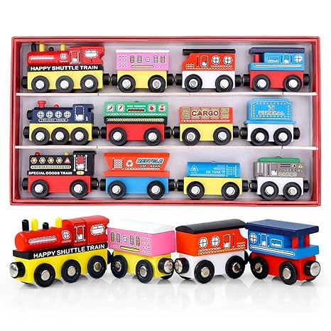 Onshine Wooden Train Set 12pcs Toy Train Track Wooden Railway Cars Compatible With All Train Set Tracks And Major Brands