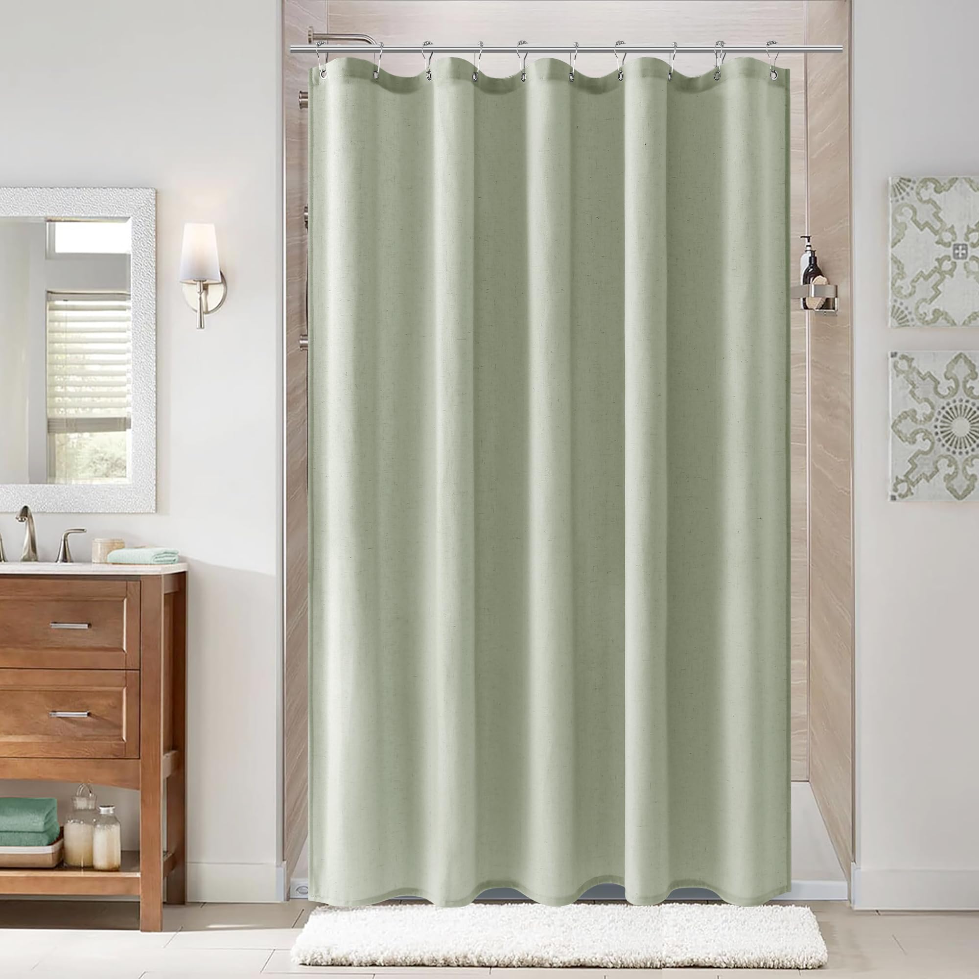 Naturoom Mist Sage 54 Inch Shower Curtain - Stall Narrow Half Linen Ultra Thick Fabric Shower Curtain Set with Hooks, Boho Farmhouse Rustic RV Camper Bath Curtains for Bathroom, 54x78 Image