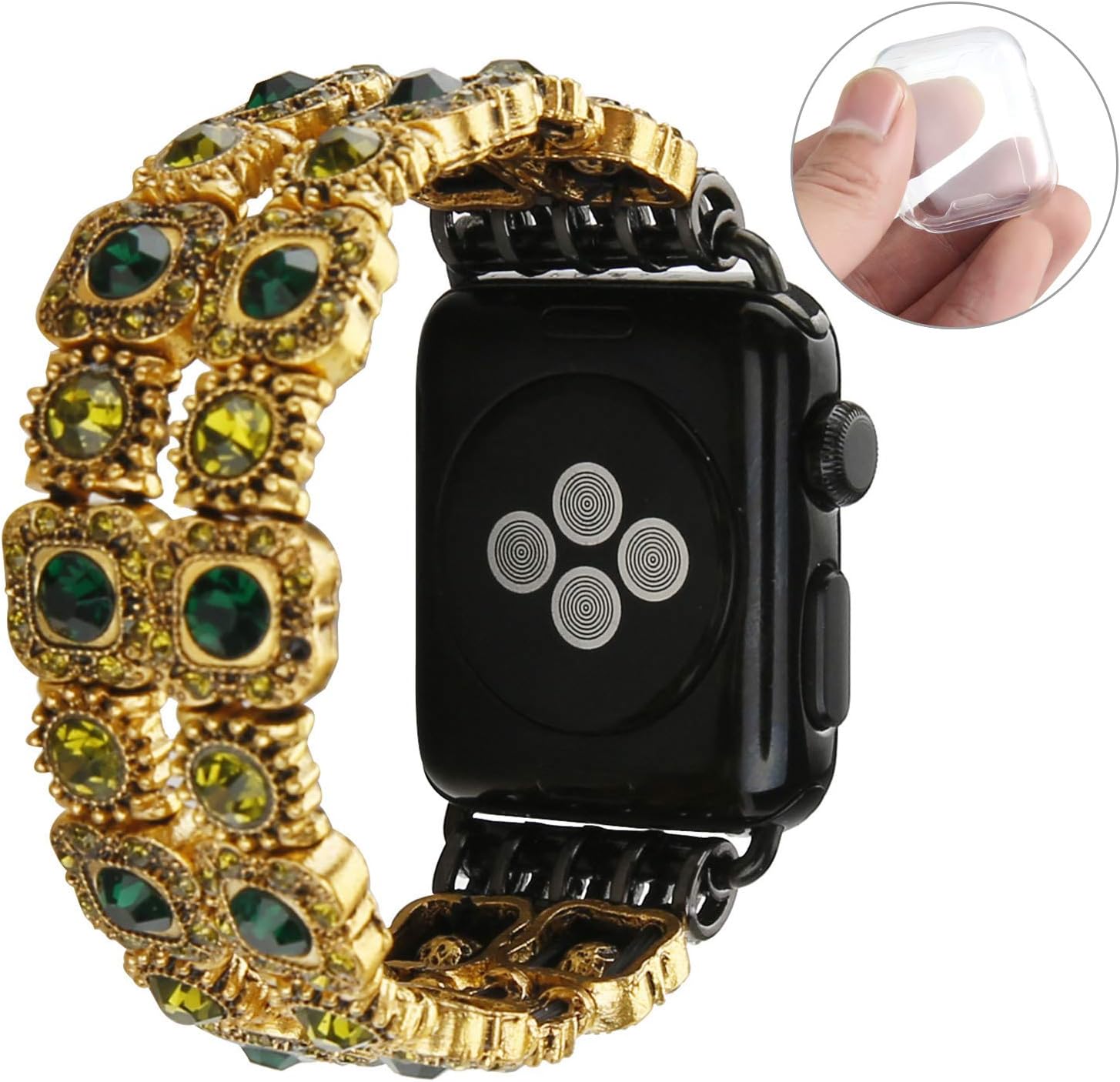GEMEK Retro Bracelet Compatible with Apple Watch Band Black 38mm 40mm, Elastic Stretch Faux Crystal Agate Straps Replacement Compatible with iWatch Women Wristbands Series 5/4/3/2/1 Cuff (Green)