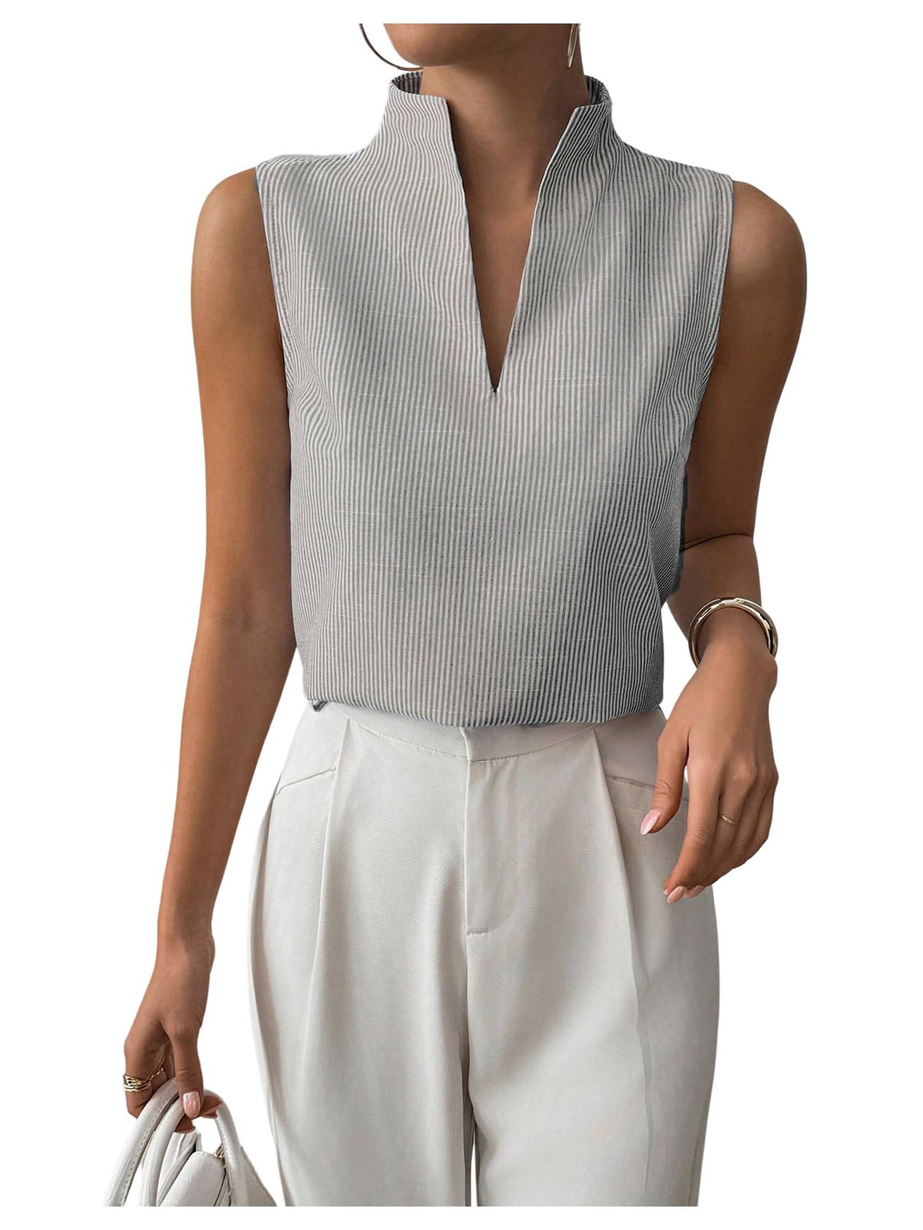 Photo 1 of SOLY HUX Women's Work Outfits V Neck Sleeveless Blouses Summer Casual Tank Tops Business Office Dressy Striped Shirts Black and White Medium