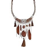 MINACHI Bohemian Feather Tassel Necklace, Irregular Stone Beads, Retro Exotic Pattern, Women's Jewelry