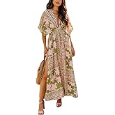 Women's Floral Print Boho Dress Side Split Deep V Neck Short Sleeves Maxi Dress A-Line Flowy Maxi Dresses