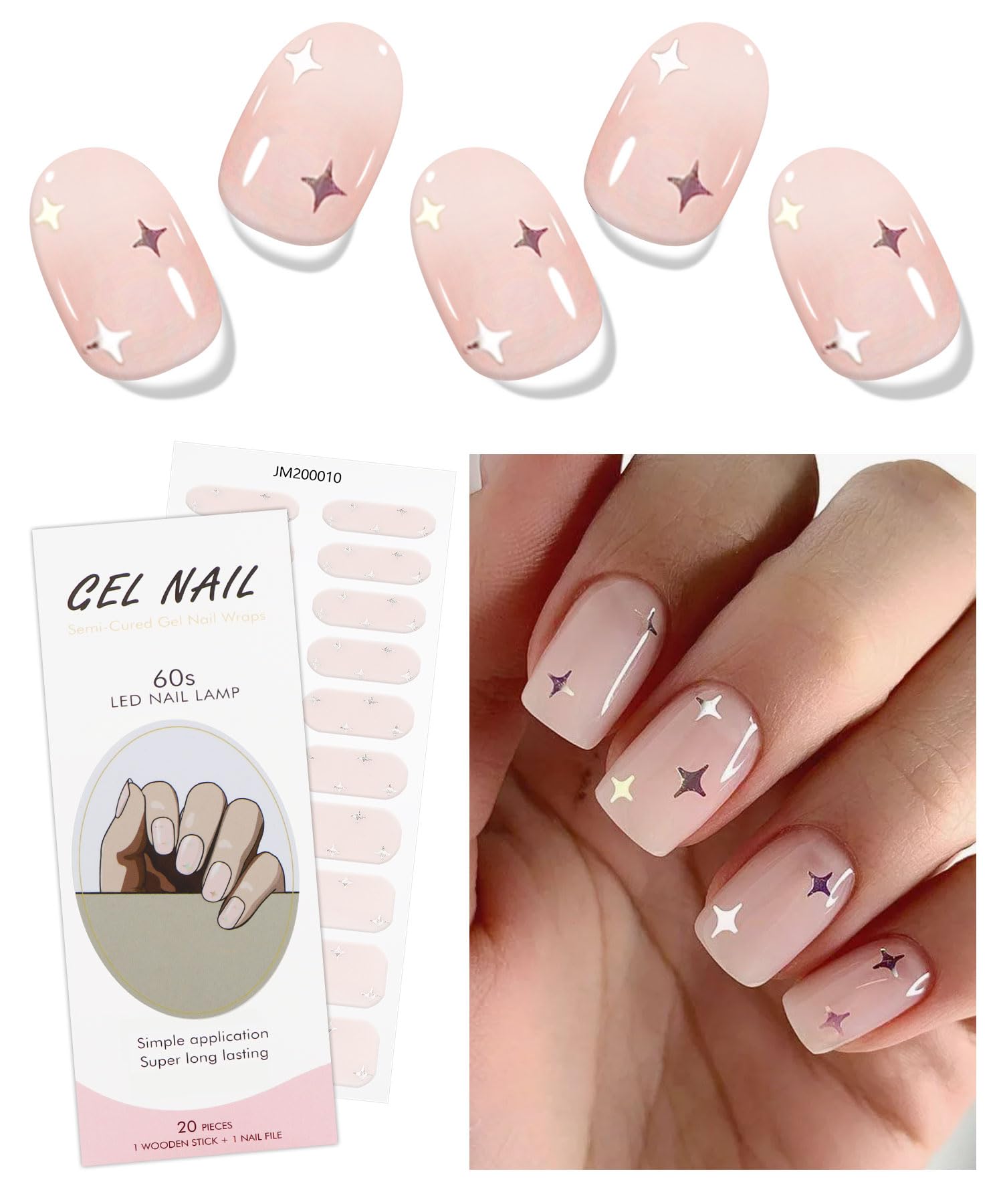 JMEOWIO Gel Nail Stickers Colorful Star Semi Cured Gel Nail Strips Wraps UV/LED Nails Art Design Decoration Accessories