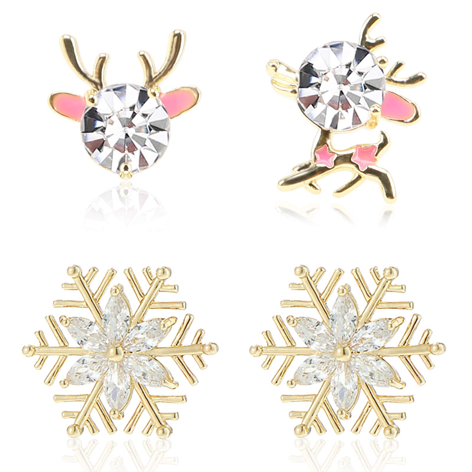 HOWAF 2 Pairs Christmas Earrings for Women Girls Christmas Birthday Jewellery Gift, Snowflake Reindeer Zirconia Earrings Studs, Xmas Crystal Stone Earrings, Sparkly and Bright Earrings
