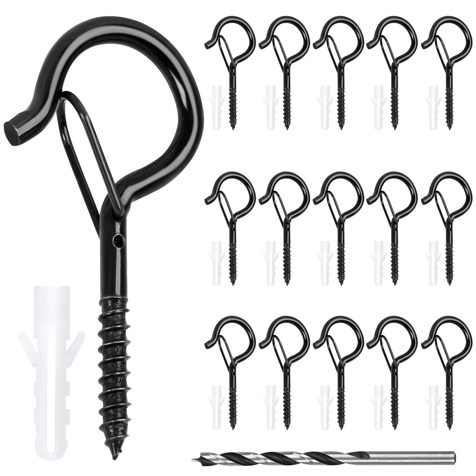 Svalor Screw Hooks, 16 pcs Black Cup Hooks with Safe Buckle, Hooks for Outdoor Lights with Drill Bit, Screw in Hooks for Wood, Ceiling Hooks for Plants Bird Feeder Wind Chime and Decor Hanging