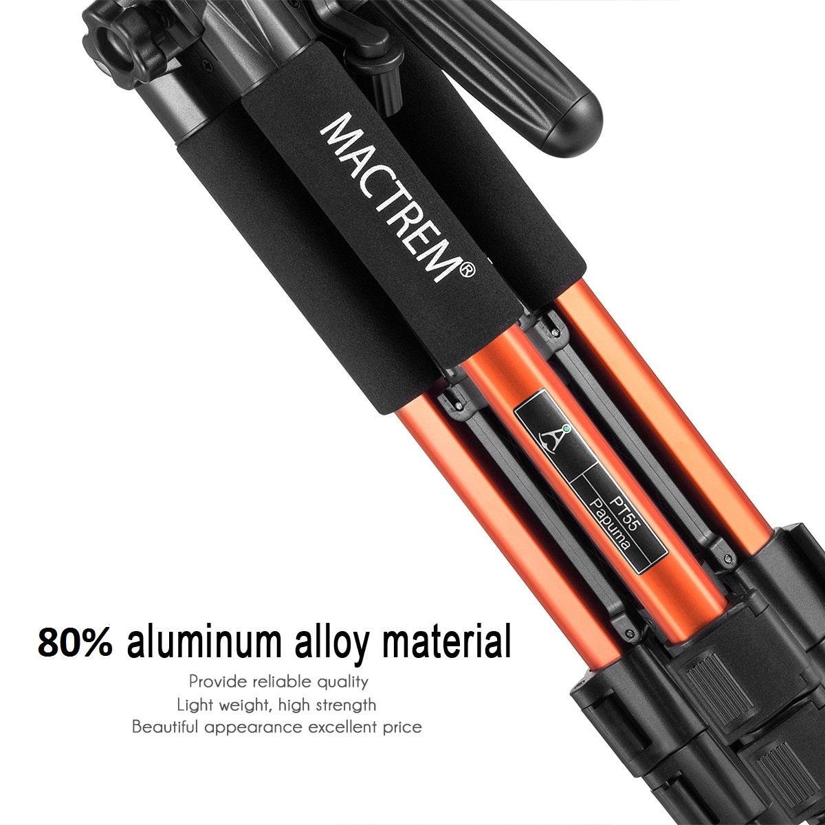 Treppiede reflex Mactrem Leggero Estensibile Lega di Alluminio 140cm Testa 3 Vie Capacità 5kg 4 Sezioni con Custodia per Canon Nikon Sony GoPro Videocamera DSLR (Arancione)