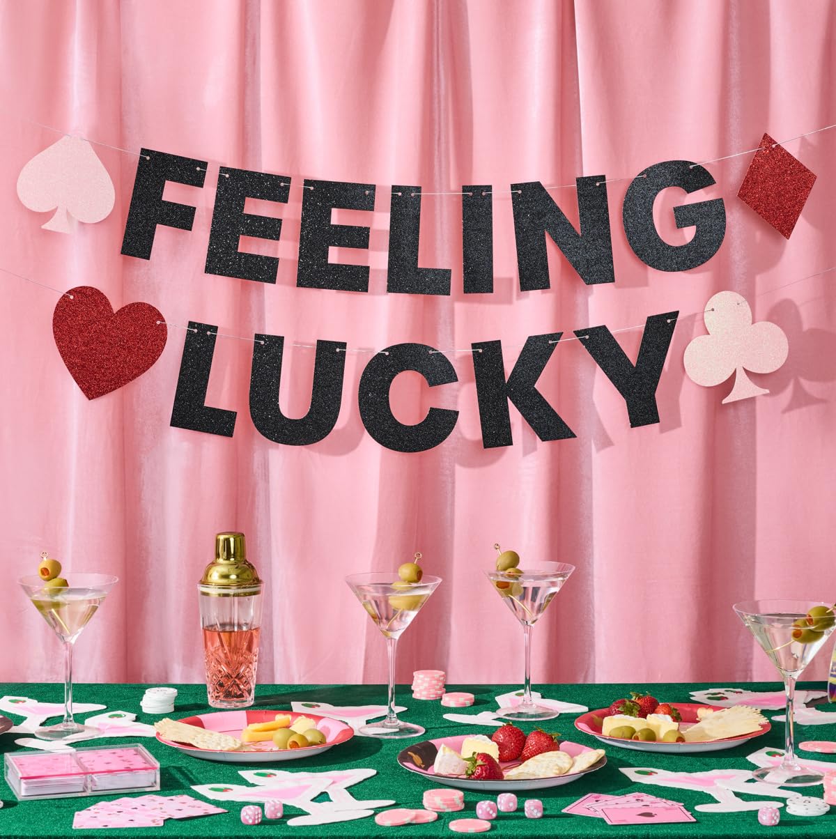 Photo 1 of xo, Fetti Feeling Lucky Sparkle Banner - 5 Ft. | Bachelorette Decoration, Birthday Party Sign, Casino Decor, Girl Cocktail Backdrop, Vegas Photo Booth Background