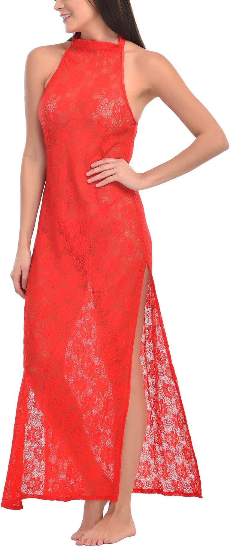 Innerribbons Women's Mesh (Net) Night Gown with Lace Border Babydoll Lingerie (with Panty/G String) Free Size 32"-36" inches (Moody-Red)