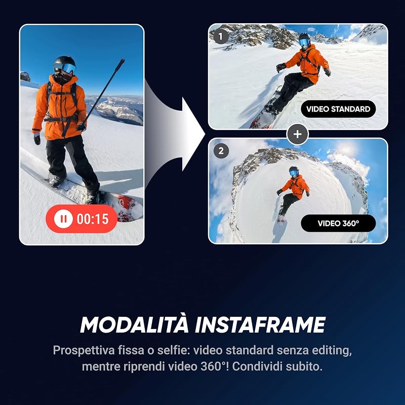 X5 - Action Cam Impermeabile 360° in 8K, Superba in Bassa Luce, Selfie Stick Invisibile, Obiettivi Sostituibili, Autonomia 3 ore, Cover Antivento, Stabilizzazione, Design con triplo Chip IA