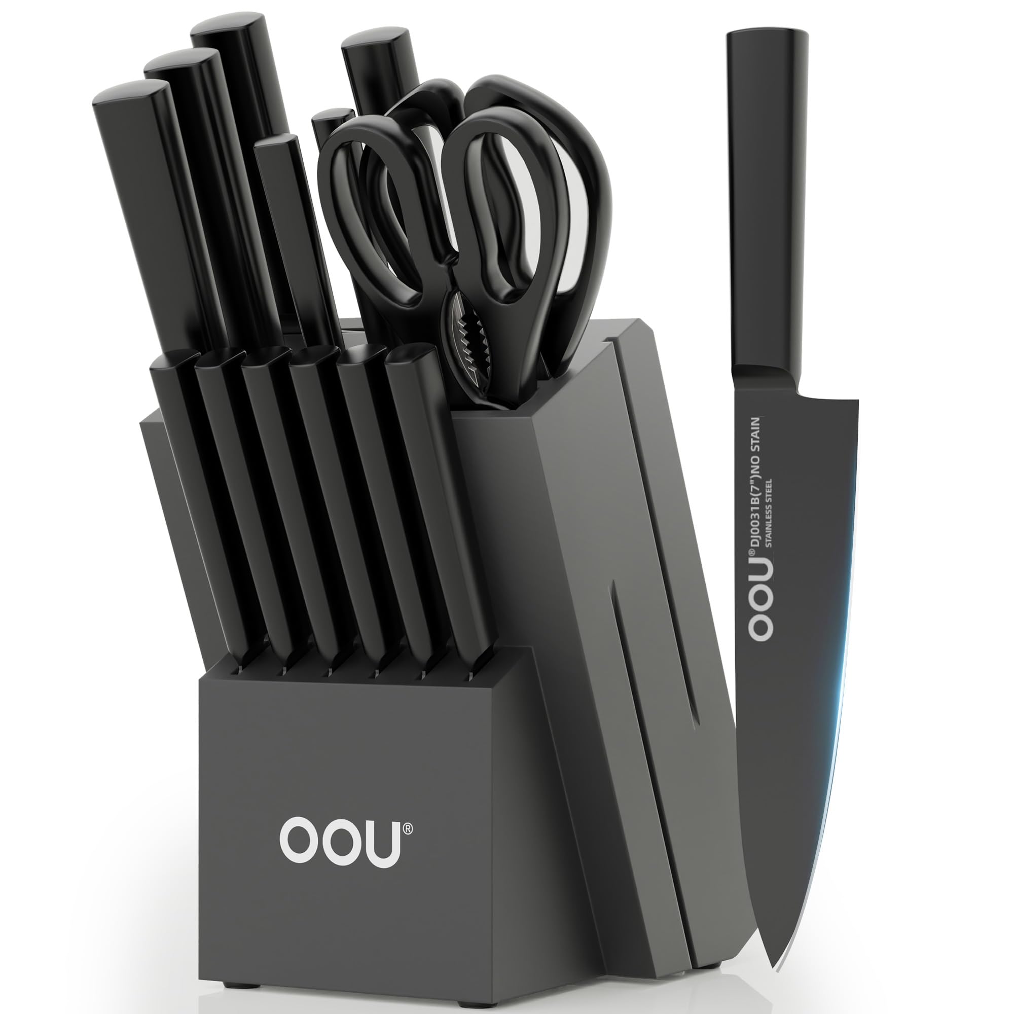 Photo 1 of OOU Kitchen Knife Block Set - 15 Pieces High Carbon Stainless Steel Knife Block Set with Built-in Sharpening Blocks, Black