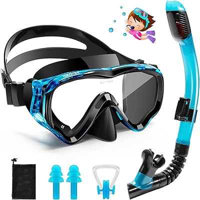HIKOTEY Schnorchelset Kinder, HIKOTEY Trocken Schnorchelset Kinder Anti-Fog Panorama, Anti-Leck Tauchmaske Dry Schnorchel mit wasserdichte Ohrstöpsel, Schnorcheln Set für Jungen