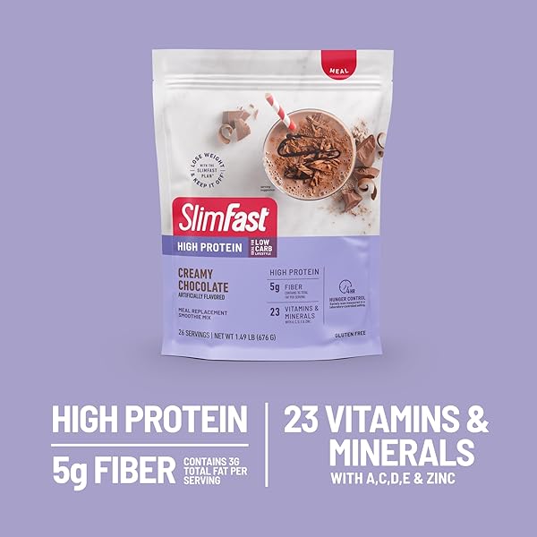 SLIMFAST HIGH PROTEIN MEAL REPLACEMENT POWDER, ADVANCED NUTRITION SMOOTHIE MIX WITH VITAMIN AND MINERAL BLEND, GLUTEN FREE, CREAMY MILK CHOCOLATE, 26 SERVINGS