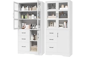 HIFIT Tall Bathroom Storage Cabinets, Modern Linen Storage Cabinet with 2 Glass Doors & 5 Shelves & 3 Drawer, 67" H Storage Cabinet Freestanding for Bathroom, Living Room, Home Office, Kitchen, White