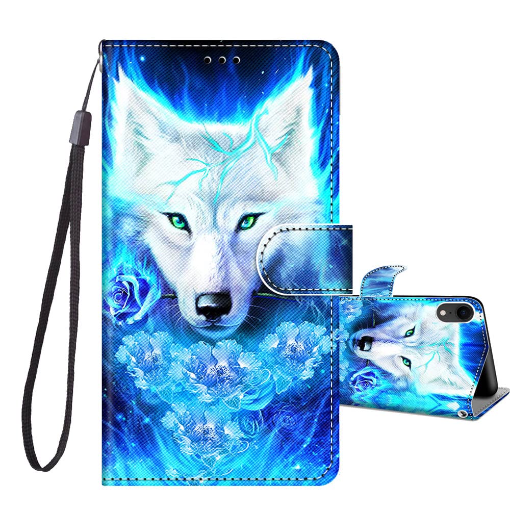 JRIANY for iPhone XR Case, PU Leather Wallet Case with Cute Pattern [Card Holder] [Kickstand], Flip Case, Shockproof Cover Compatible with Apple iPhone XR, Wolf A — image 1