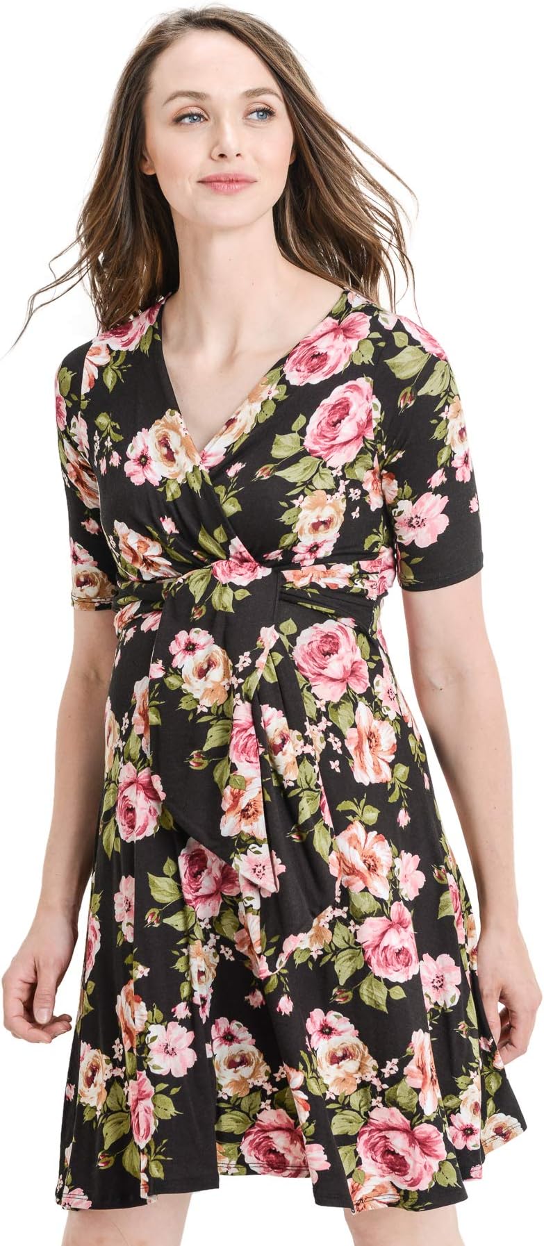 Hello MIZ Women's Floral Faux Wrap Side Tie Nursing and Maternity Dress