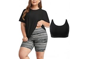 Inno Women's Plus Size 3 Piece Rash Guard Set with Bra Swimsuits Short Sleeve with Boyshorts UPF 50+ Surfing Swimwear