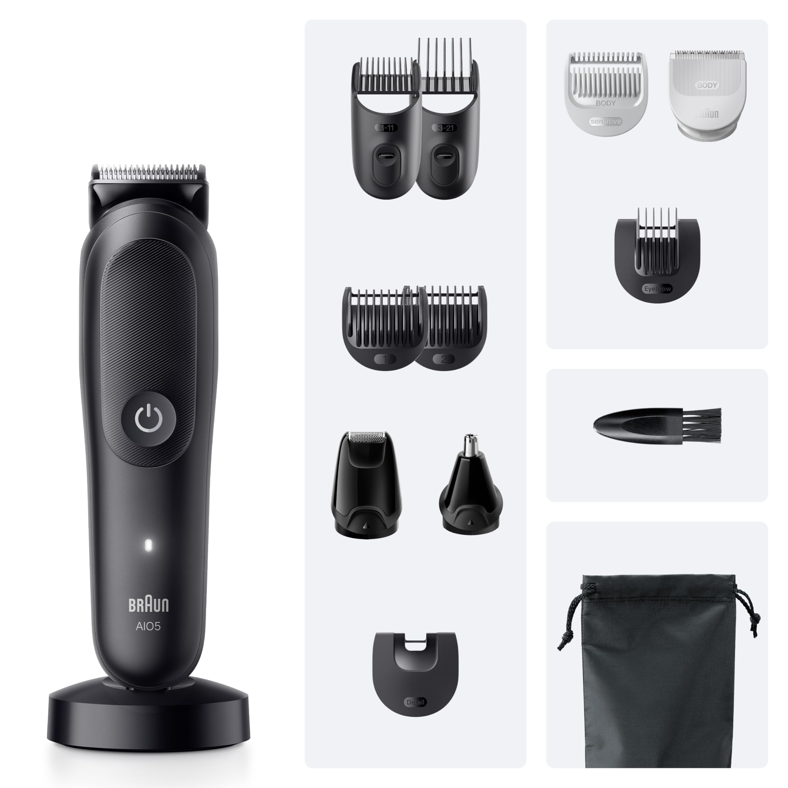 Braun All-in-One Series 5, 13-in-1 Multigroom, Barttrimmer, Nasenhaartrimmer, Haarschneidemaschine für Gesicht, Kopf und Körper, 120 Min Akku, 14 Längen (0.5–21 mm), Wasserdicht, AIO5565, Schwarz 6