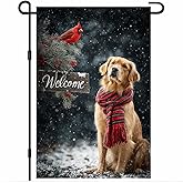 BlissYard Winter Garden Flag 12x18 Inch Welcome Dog Yard Flag Double Sided Outdoor Banner with Golden Retriever Red Scarf Pine Branch and Cardinal Bird for Porch Lawn Patio
