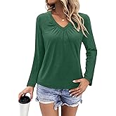 Womens Long Sleeve T Shirts V Neck Ruched Tops Loose Fit Pleated Tee Dressy Casual Tunic Blouses Fall Clothes