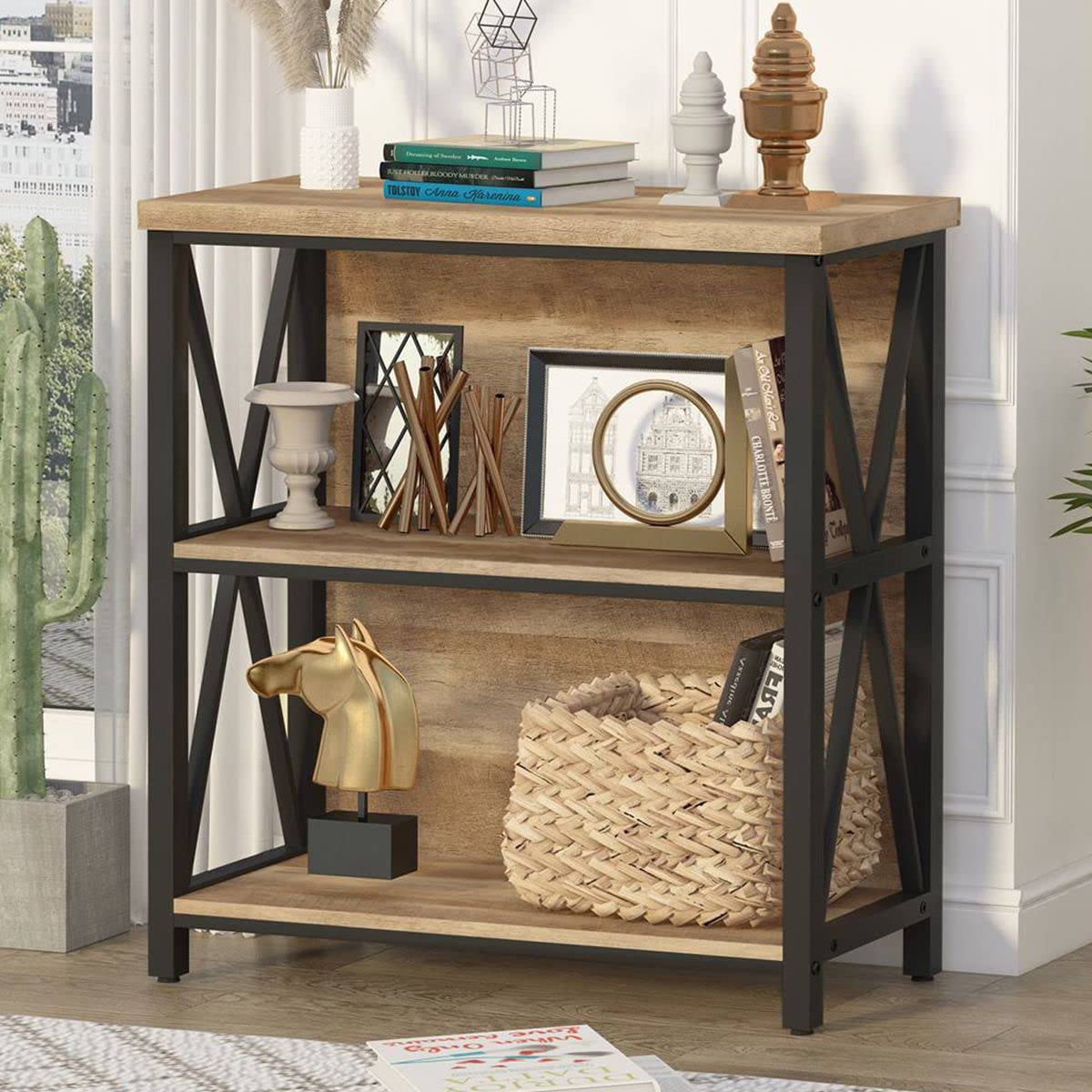 Photo 1 of FATORRI Small Bookcase, Wood and Metal Low Short Bookshelf, Industrial Book Case and Rustic Book Shelf for Small Space (Rustic Oak)