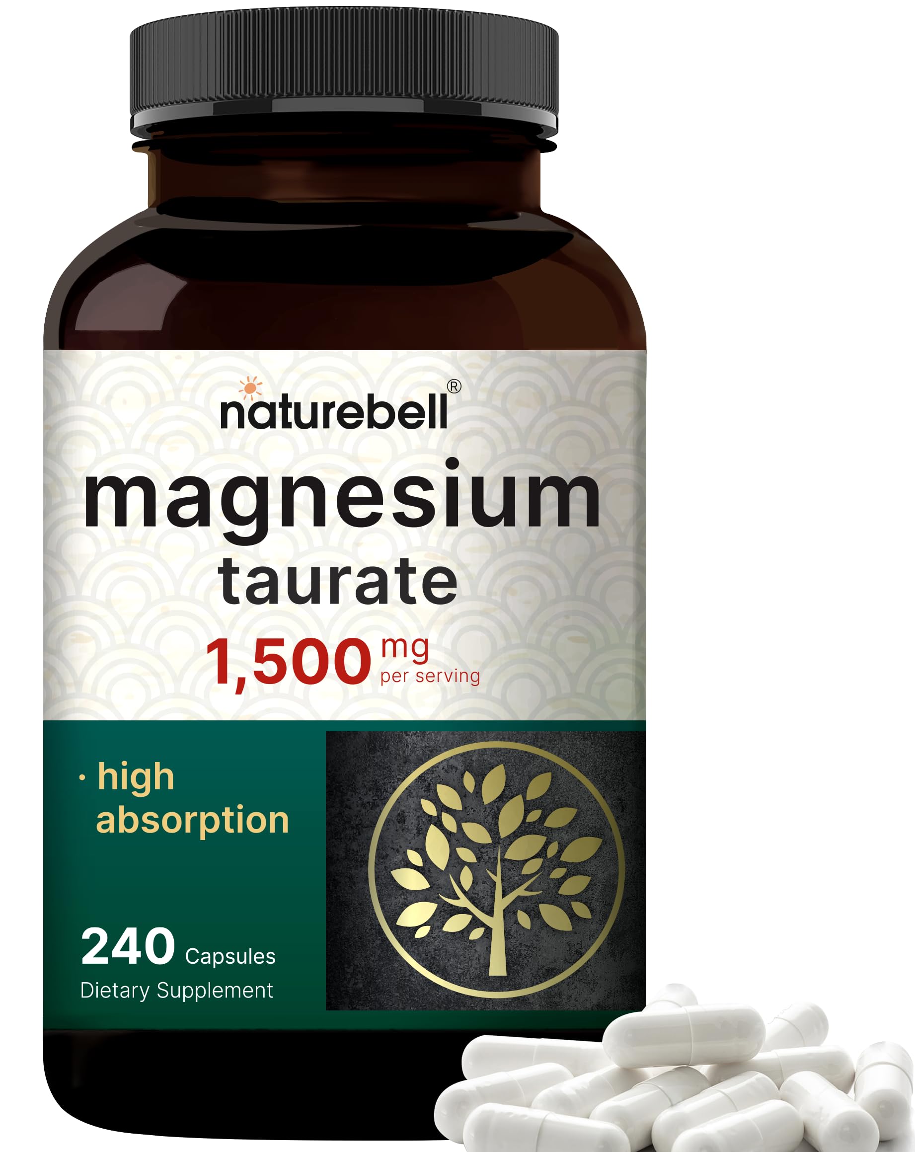 NatureBell Magnesium Taurate 1,500mg, 240 Capsules | Chelated for High Absorption | Heart & Nervous System Support | Non-GMO, Gluten-Free