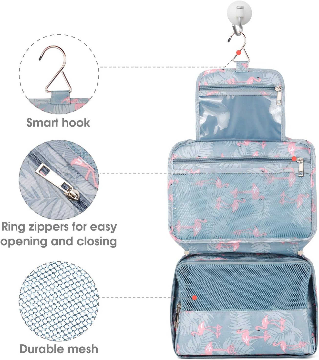 Hanging Travel Toiletry Bag Cosmetic Make up Organizer for Women and Girls Waterproof (A-Flamingo)