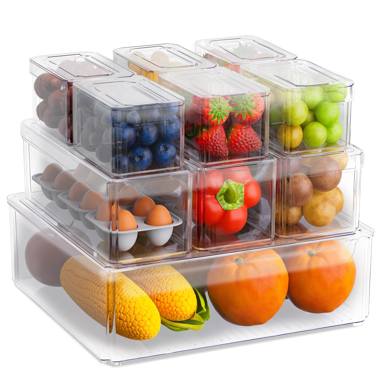 BTGGG Set of 10 Fridge Organisers with Lids Stackable Fridge Storage Containers Set, Vegetable Fruit Clear Refrigerator Freezer Organiser for Pantry, Cabinet, Drawer