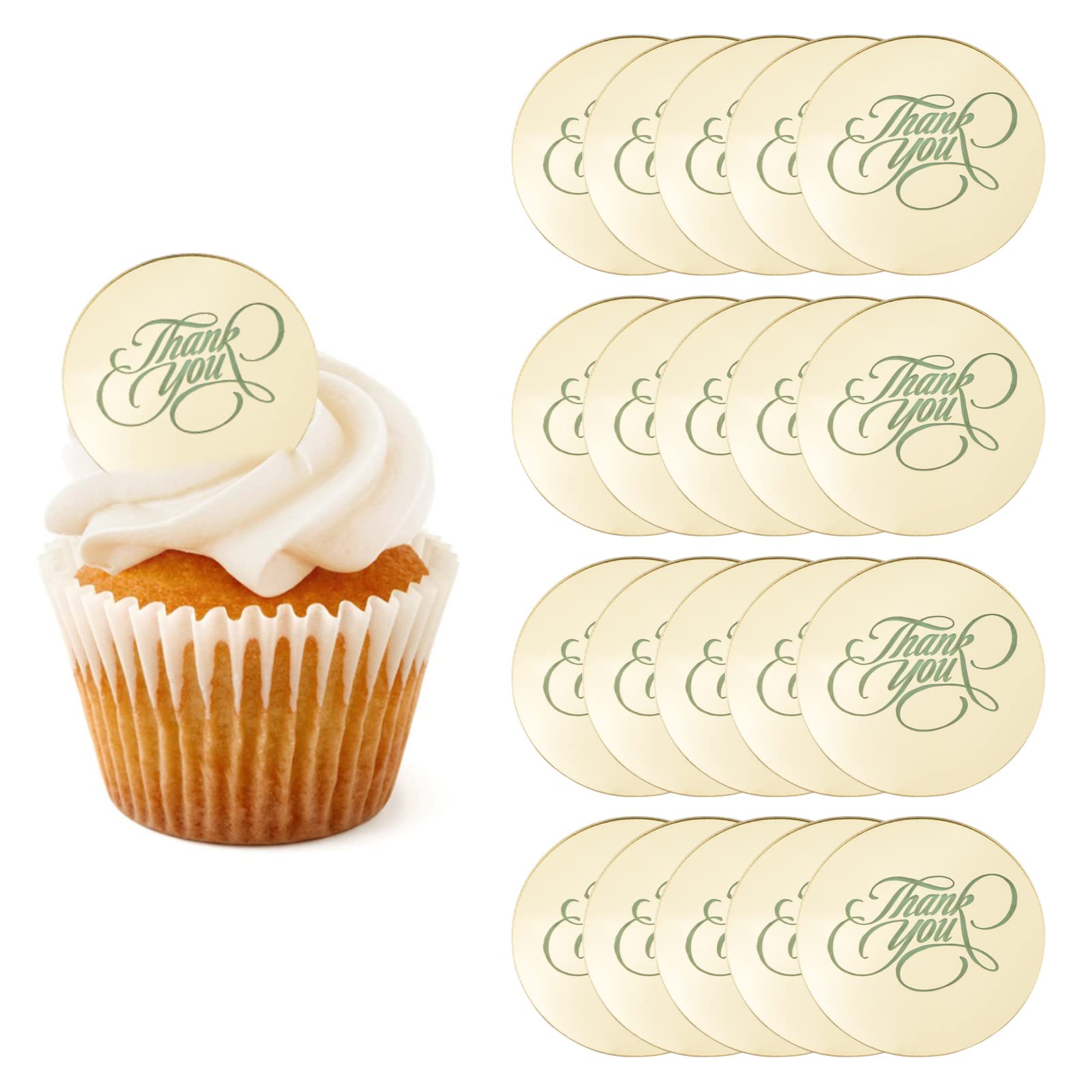URROMA 20 PCS Acrylic Cupcake Toppers - Round Thank You Cake Discs Mirror Picks Engraved Personalized Topper Charm (Style 1, 20pcs)