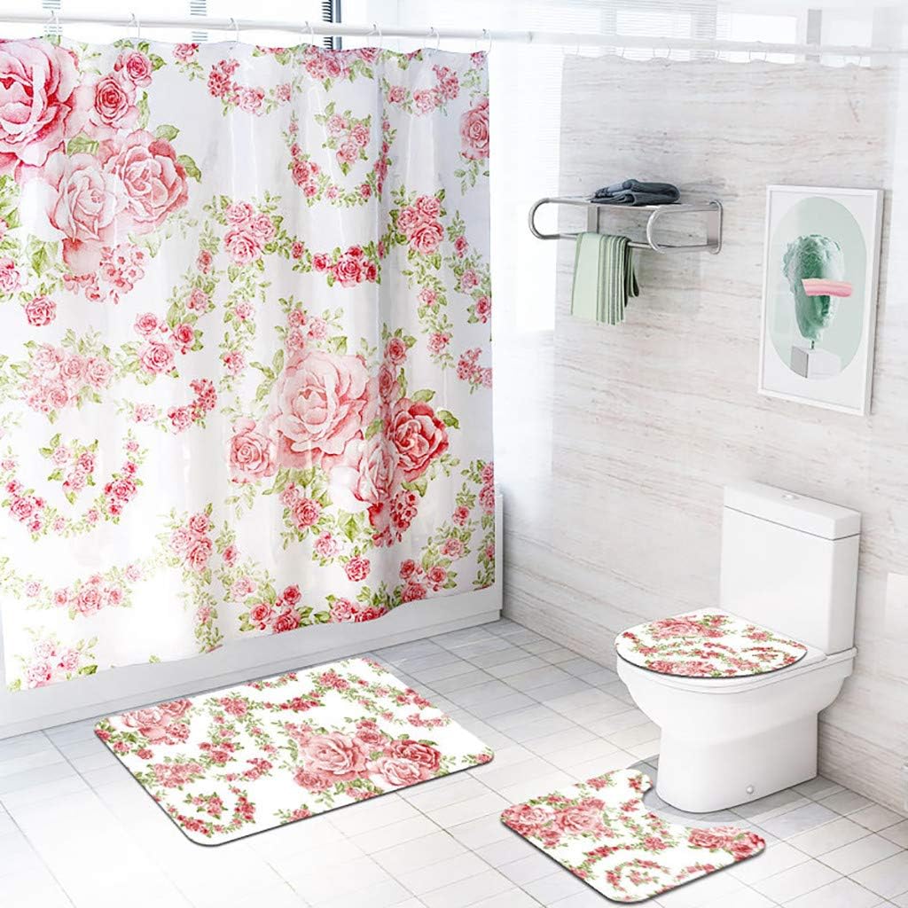 4Pcs Rose Decorative Bathroom Accessories - 3D Shower Curtain + Non-Slip Bath Mat + Toilet Seat Cover + U Shape Mat - Polyester Waterproof & Absorbent Mats/Rug Bedroom Living Room Kitchen