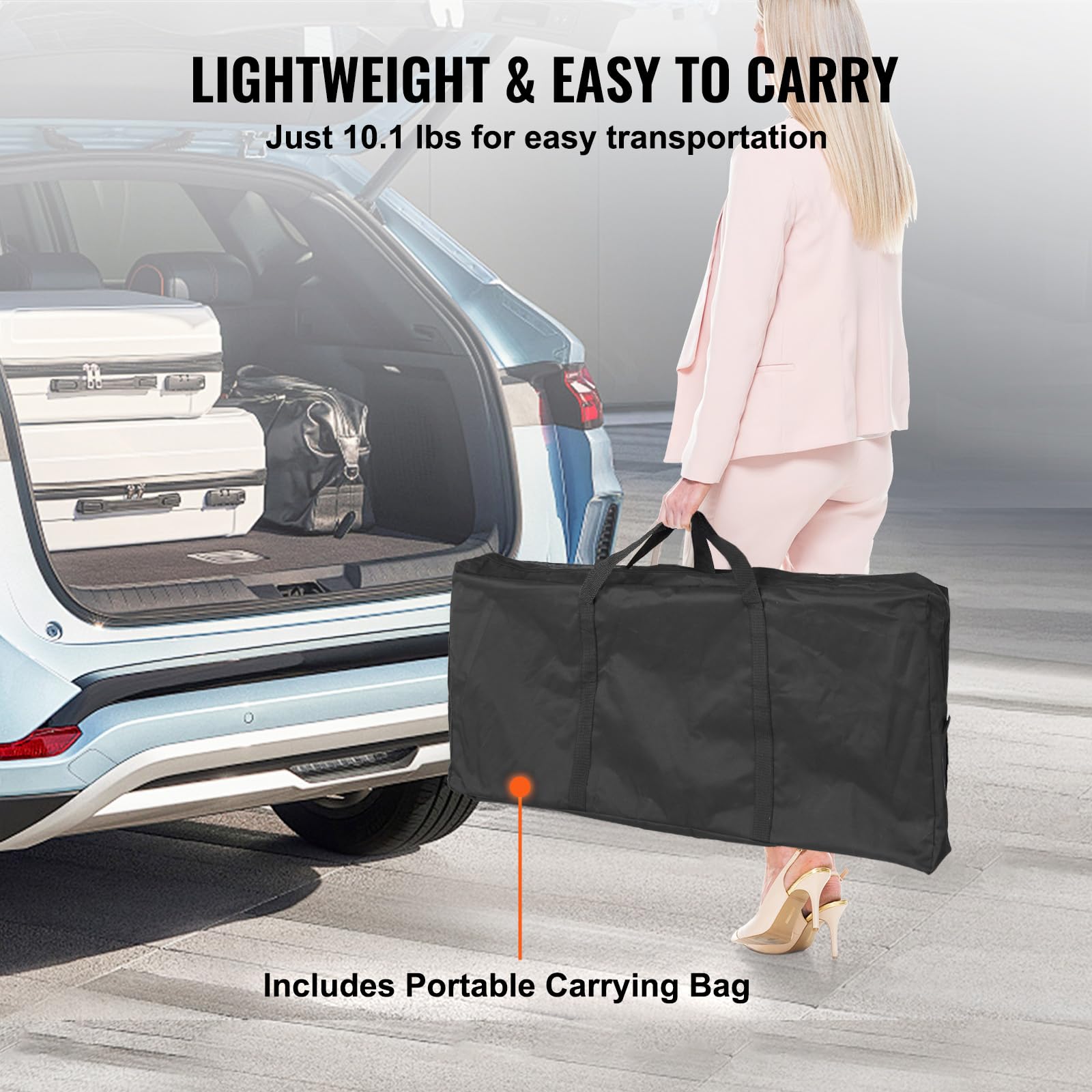 VEVOR Mesa de bar portátil plegable, mesa de podio de feria para interior, exterior, fiesta, picnic, exposición, incluye estuche de transporte, estante de almacenamiento y falda negra, 38.39" x 15.16" x 34.25"