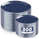 KIRE 200PCS Blue Plastic Plates with Silver Rim - Navy Blue Plastic Plates Include 100 Dinner & Dessert Plate - Heavy Duty Dark Blue Disposable Plate for Hanukkah/Parties/Wedding