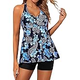 Yonique Two Piece Tankini Swimsuits for Women with Shorts Halter V Neck Bathing Suits Flowy Twist Front Swimwear