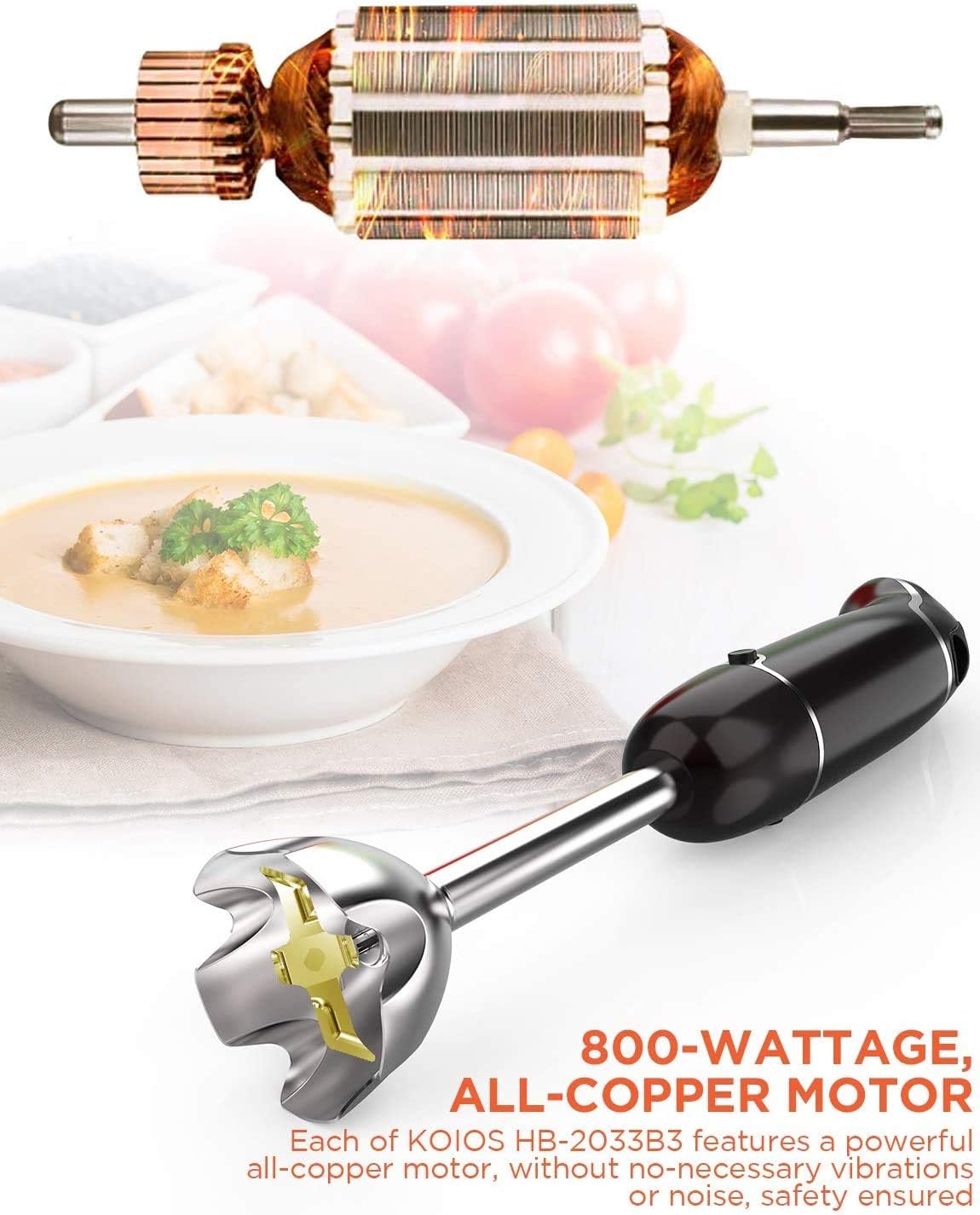 KOIOS 800-Watt/ 12-Speed Immersion Hand Blender(Titanium Reinforced), Turbo for Finer Results, 3-in-1 Set Includes BPA-Free Food Chopper / Egg Beater /Milk Frother Ergonomic Grip, Detachable: Kitchen & Dining