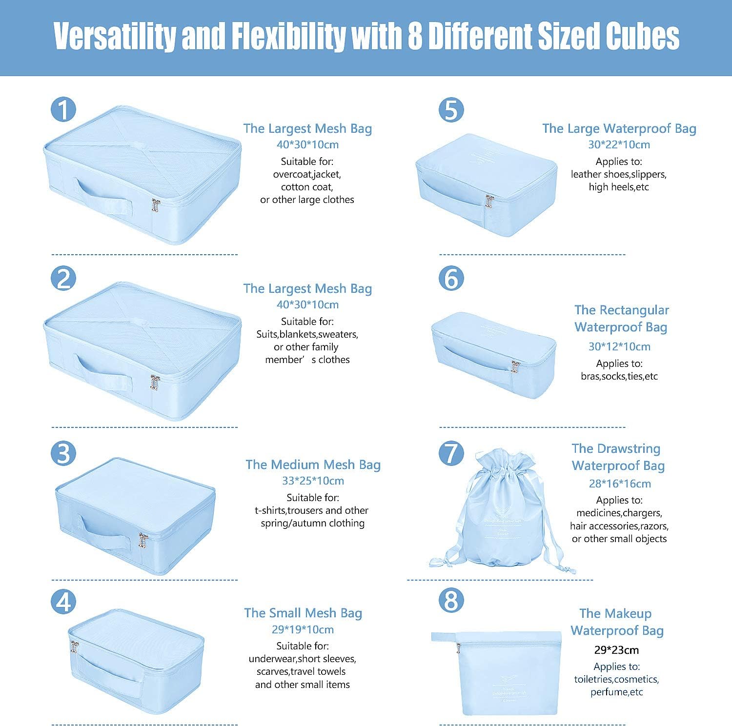 BETLLEMORY Packing Cubes 8 Sets Travel Luggage Organizers with Waterproof Shoe Storage Bag Compression Pouches(Light Blue) - Image 4