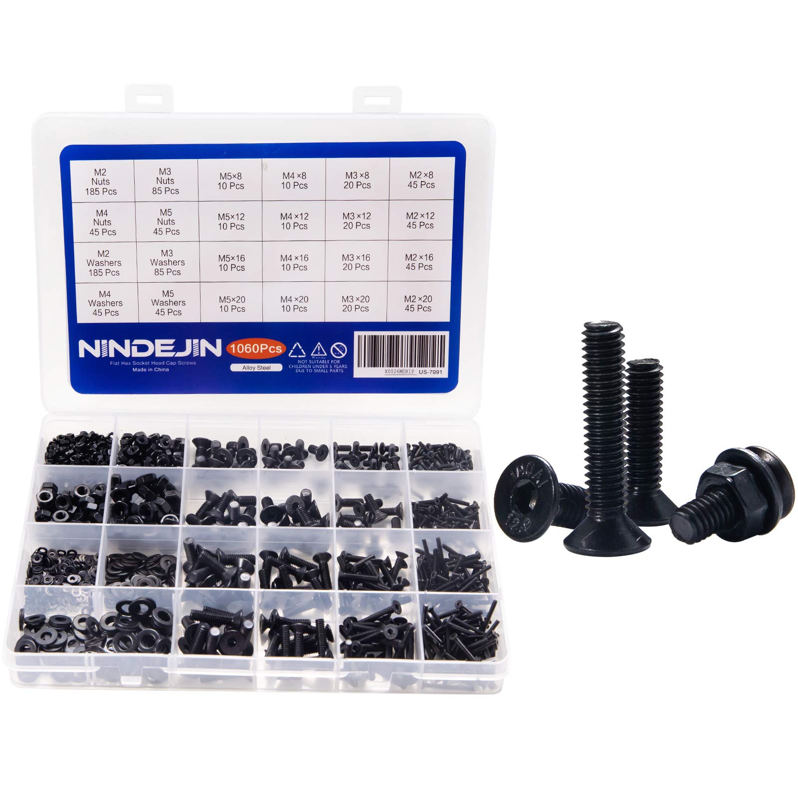 NINDEJIN 1060pcs 12.9 Grade Carbon Steel M2 M3 M4 M5 Metric Hex Socket Head Cap Bolts Screws Nuts Washers Assortment Kit with Hex Wrenches (Flat Head Cap) — image 1
