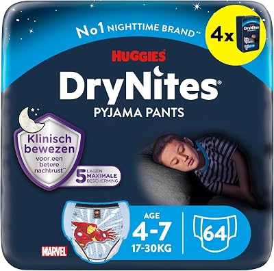DryNites Pañales de Noche para Niño 4-7 (17-30 kg), Clínicamente Probado con 5 Capas de Máxima Protección Nocturna, 4 Packs de 16, Total 64 Calzoncillos Absorbentes