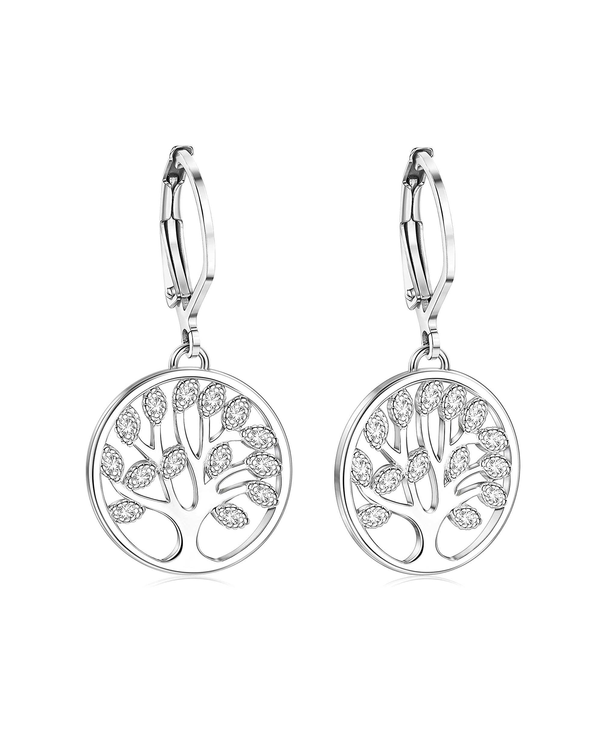 CASSIECA Tree of Life 925 Sterling Silver Hoop Earrings Drop for Women Girls Sparkling Cubic Zirconia Circle Pendant Earrings Dangly Earring CZ Anti-allergic Earrings Fine Jewellery with Gift Box