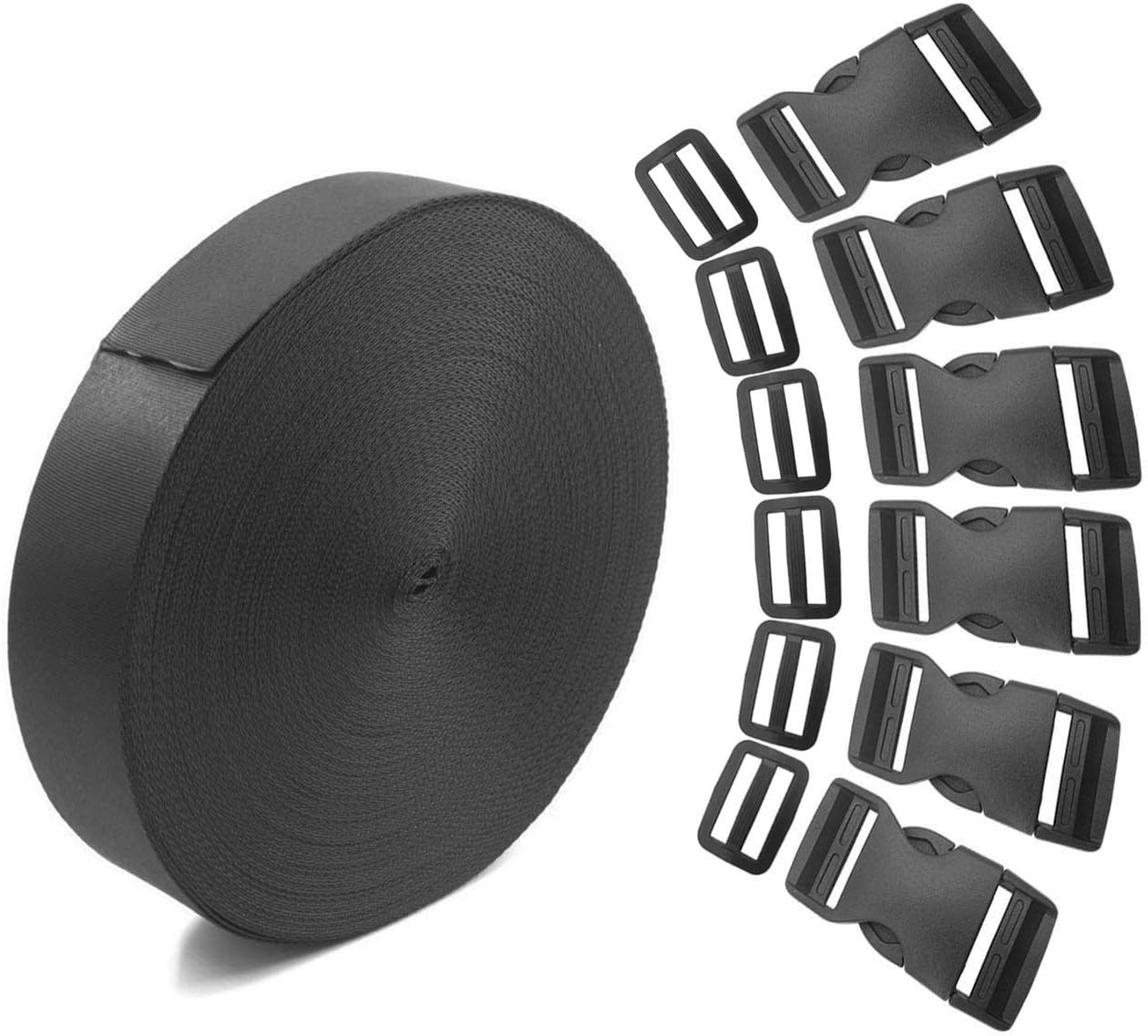 NewZCNewZC 6 Yards 1 Roll Nylon Webbing Strap and 6 PairsTri-glide Adjustment Clips 6 Pcs Flat Side Release Buckles for 1 Inch Wide - DIY for Backpack Strapping Luggage Strap Repairing