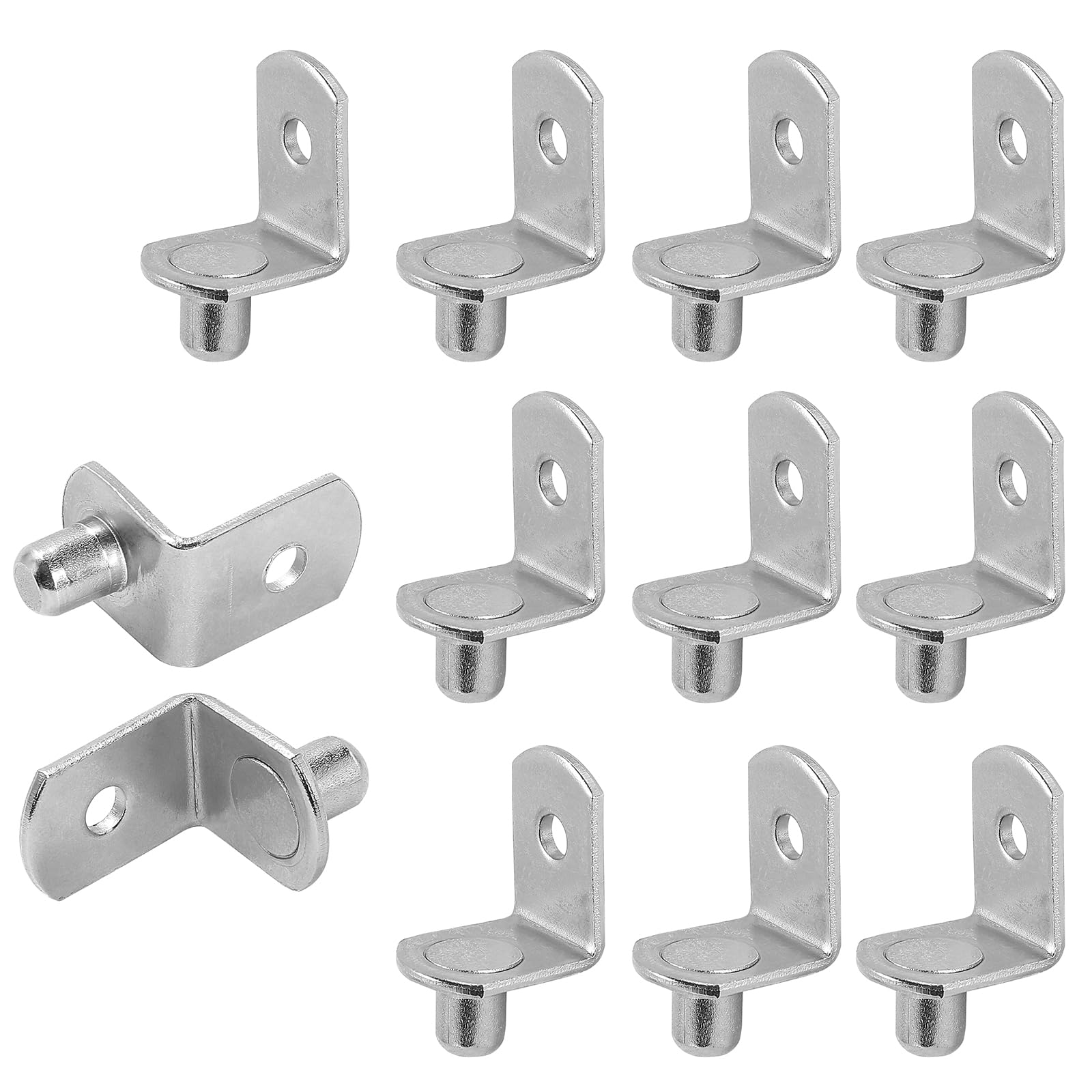 Photo 1 of Jamiikury 12pcs L-Shaped Shelf Support Pegs, 1/4 Inch Shelf Bracket Pegs with Hole, Silver Bracket Style Shelf Pegs, Nickel Plated Metal Shelf Pins Holders for Shelves Cabinet Closet - 12pcs, 6.35mm