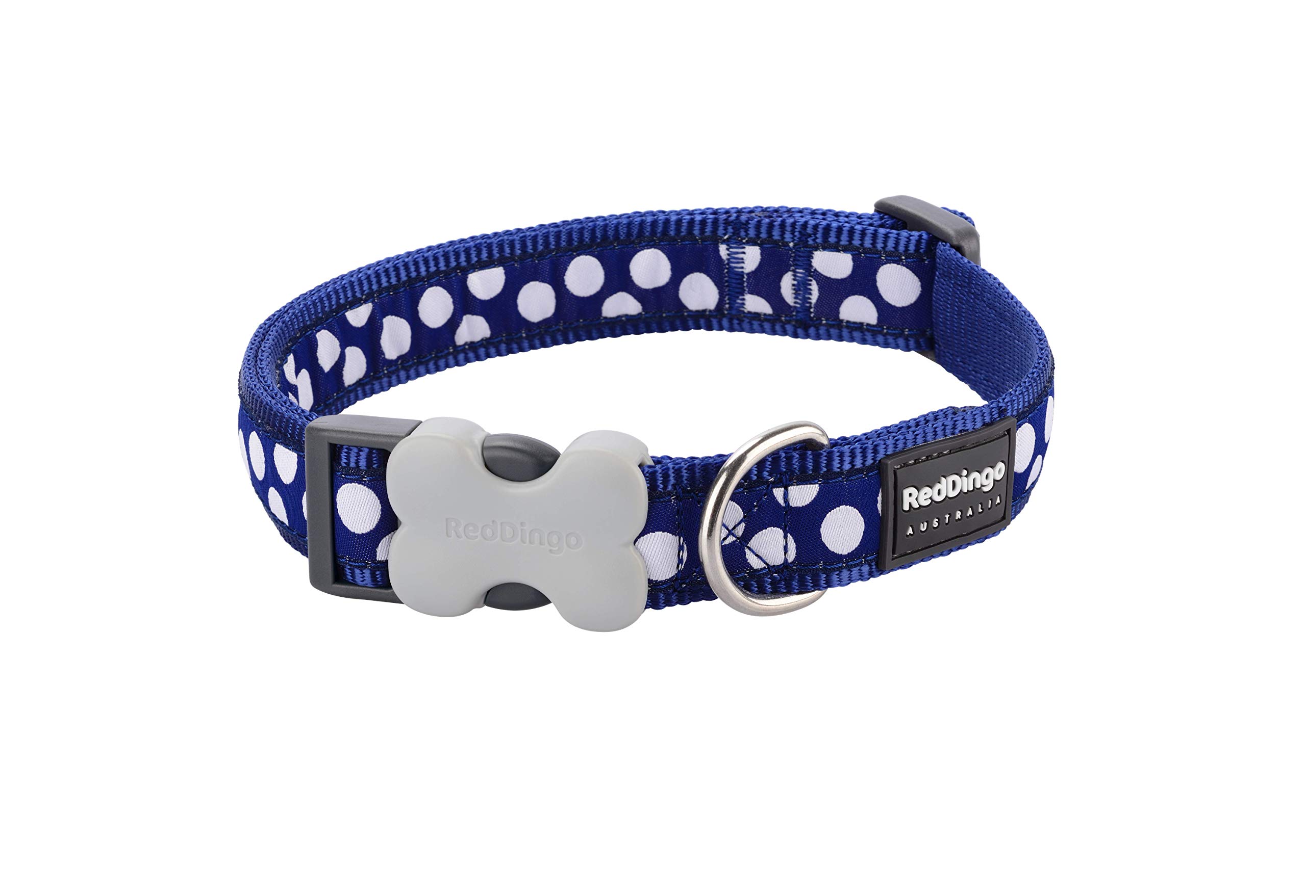 Red Dingo Bucklebone Dog Collar Design, White Spots on Navy, X-Small 12mm