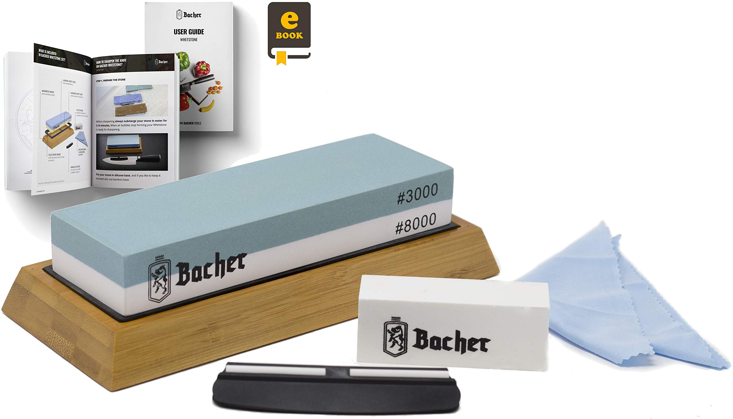 Bacher Premium Sharpening Stone. 2 Side Grit 3000/8000 Whetstone- Knife Sharpener Waterstone with Non-Slip Bamboo Base, Flattening Stone, Angle Guide and Detailed eBook Guide