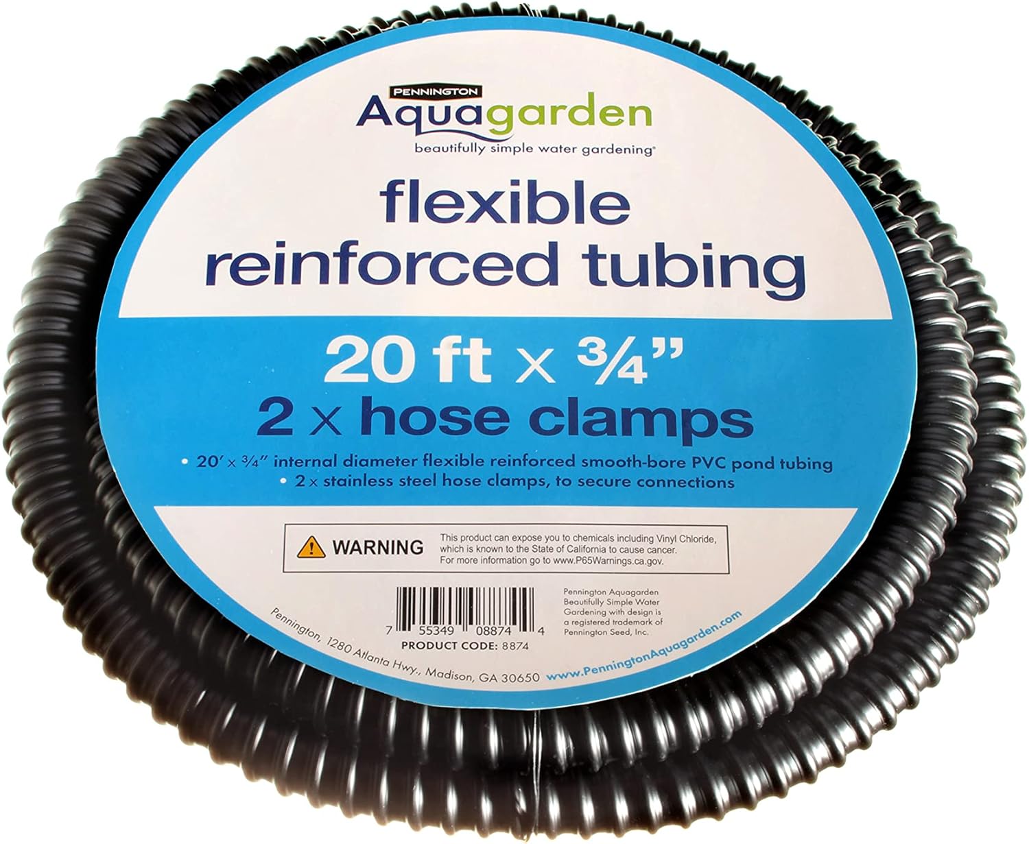 Water Gardens & Ponds - Aquagarden Flexible Reinforced Pond Tubing, 20ft x 3/4” Internal Diameter, Smooth-bore PVC Pond Tubing, Includes 2 stainless steel Hose Clamps, Corrugated, Tough and Strong Tubing,